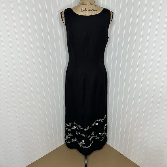 Vintage Kenar Maxi Dress Sz 10 Linen Blend Black Floral Embroidered Hem Fall - Picture 2 of 16